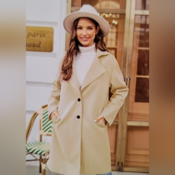 NWT COUTURE High End Designer Cotton Blend Notch Lapel Pea Over Coat  Khaki Med - Picture 5 of 11